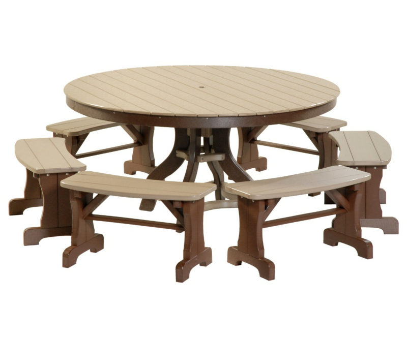 Round Patio Set with Benches (Weatherwood & Brown)
